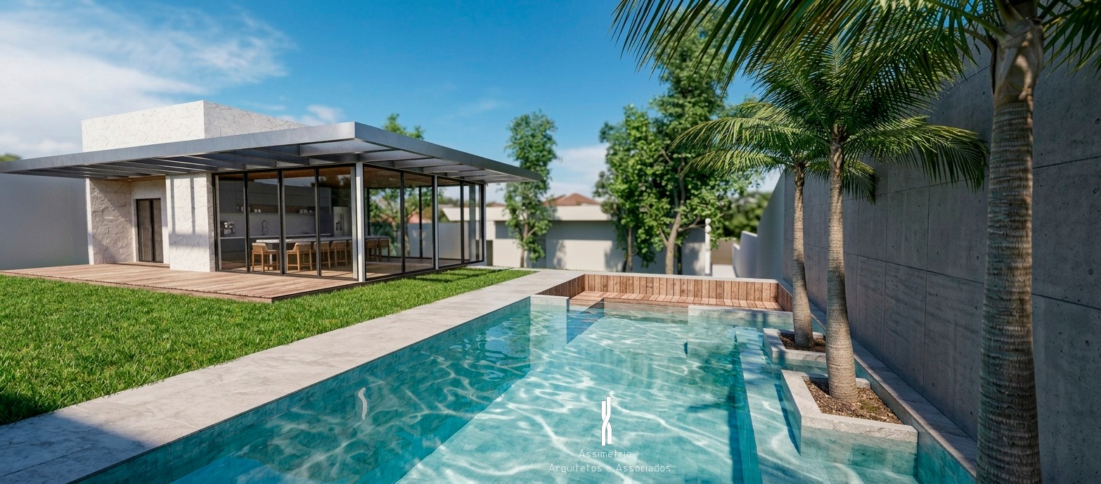 Piscina e pavilhão de vidro com cozinha social